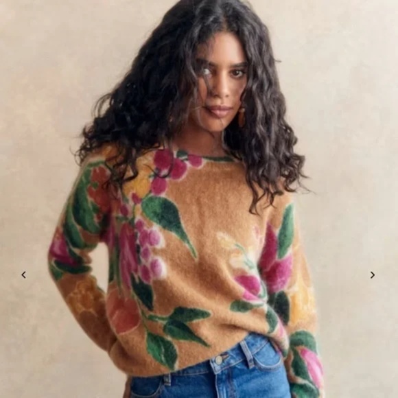 SÉZANE x AIMIE Abril Mohair Knit Sweater In Passion Flowers Camel Background - Picture 1 of 15